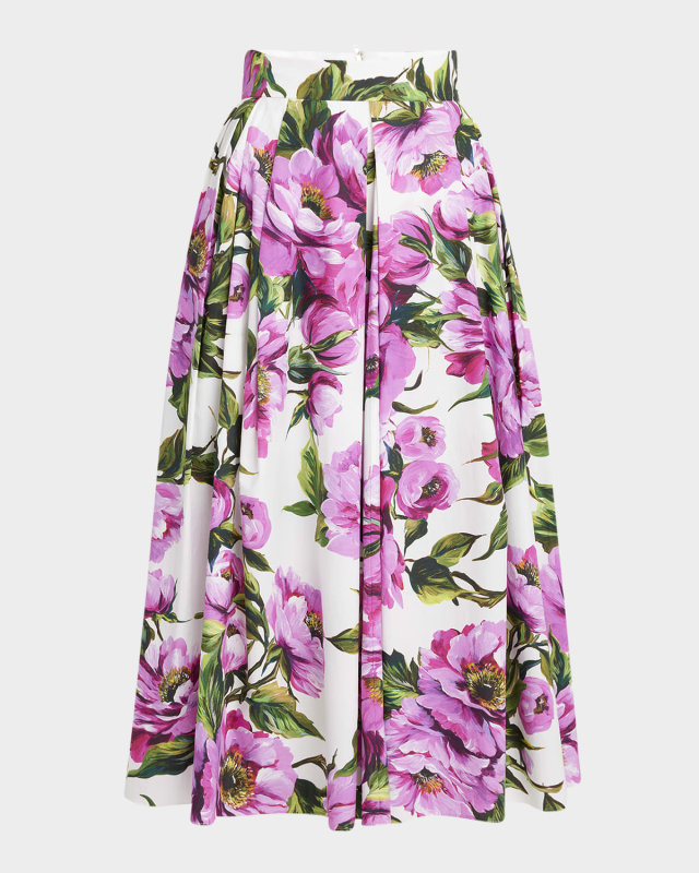 Peony-Print Pleated Midi Skirt